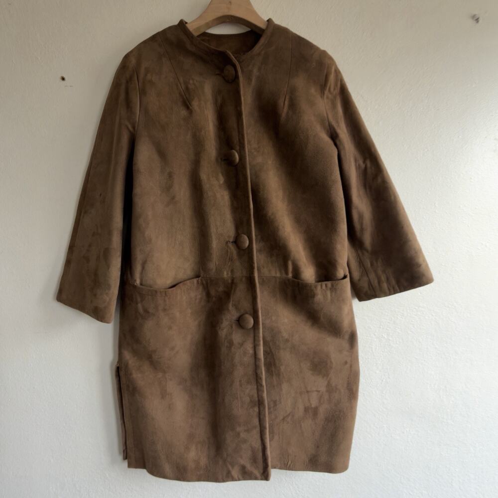 Vintage 1960s Camel Suede Collarless Swing Coat Covered Buttons Mid Century Sz 8 - Picture 5 of 12